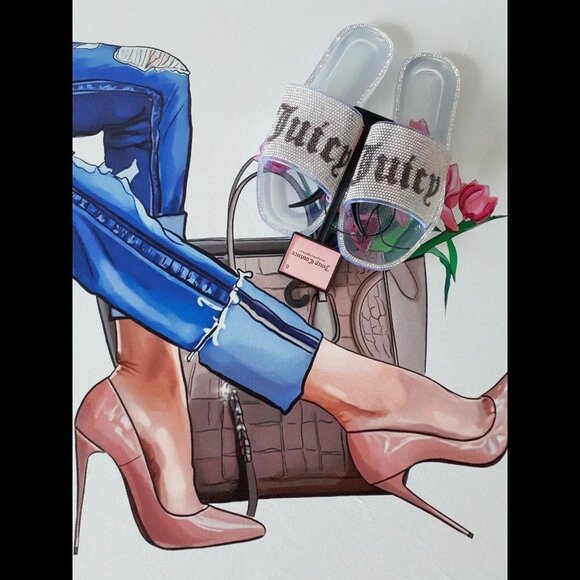 NWT Juicy Couture crystal rhinestone embellished logo flat sandal slides, 8 - Picture 2 of 16